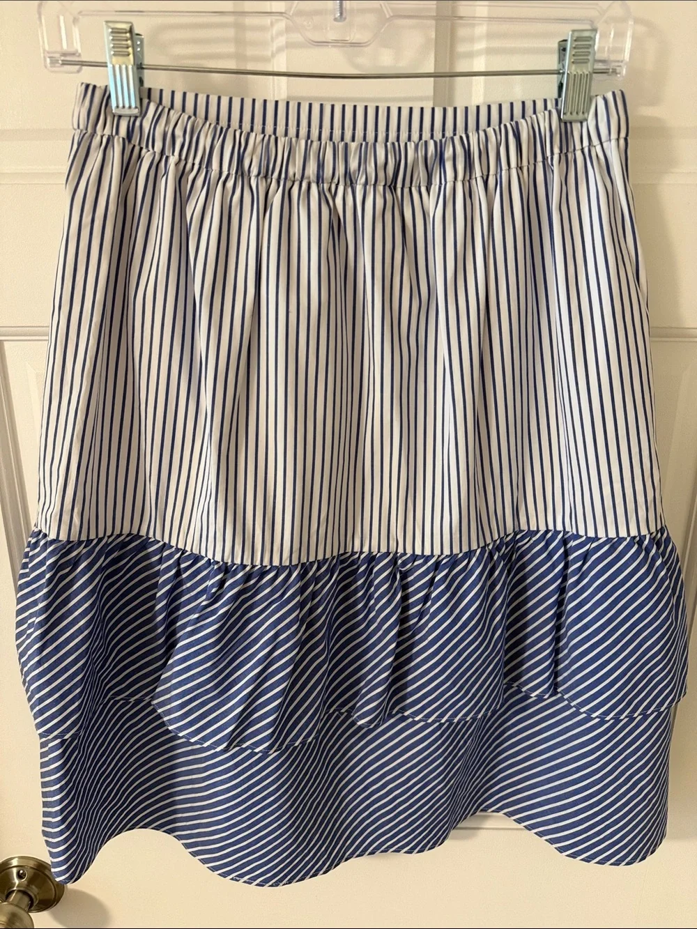J.Crew Factory Cocktail Stripe Tiered Ruffle Midi Skirt Blue White Coastal Sz. 4